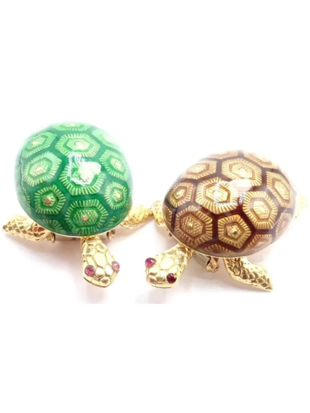 Vintage! Boucheron France 18k Yellow Gold Enamel Set Of Two Turtle Brooches